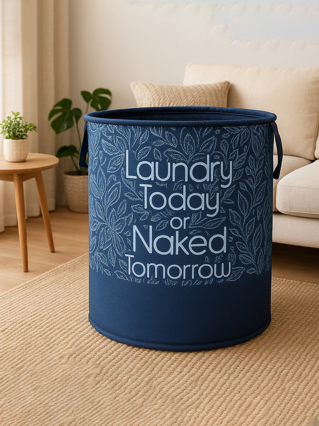 Kuber Industries Navy-Blue & White Printed Round Laundry Basket 45 L