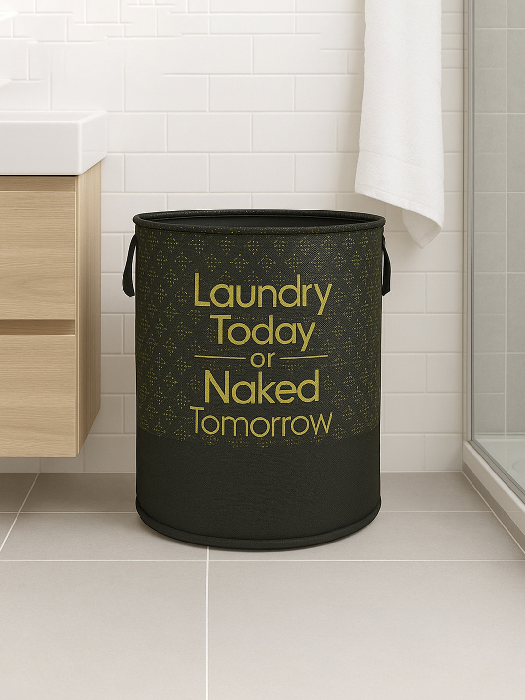 Kuber Industries Black Printed Round Clothes Storage Laundry Basket 45 L