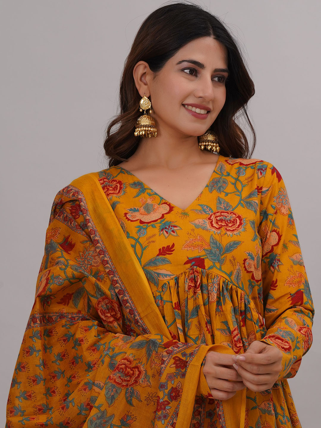 Bahe Kurtiz  Floral Print Cotton Aliya Cut Anarkali Kurta with Dupatta