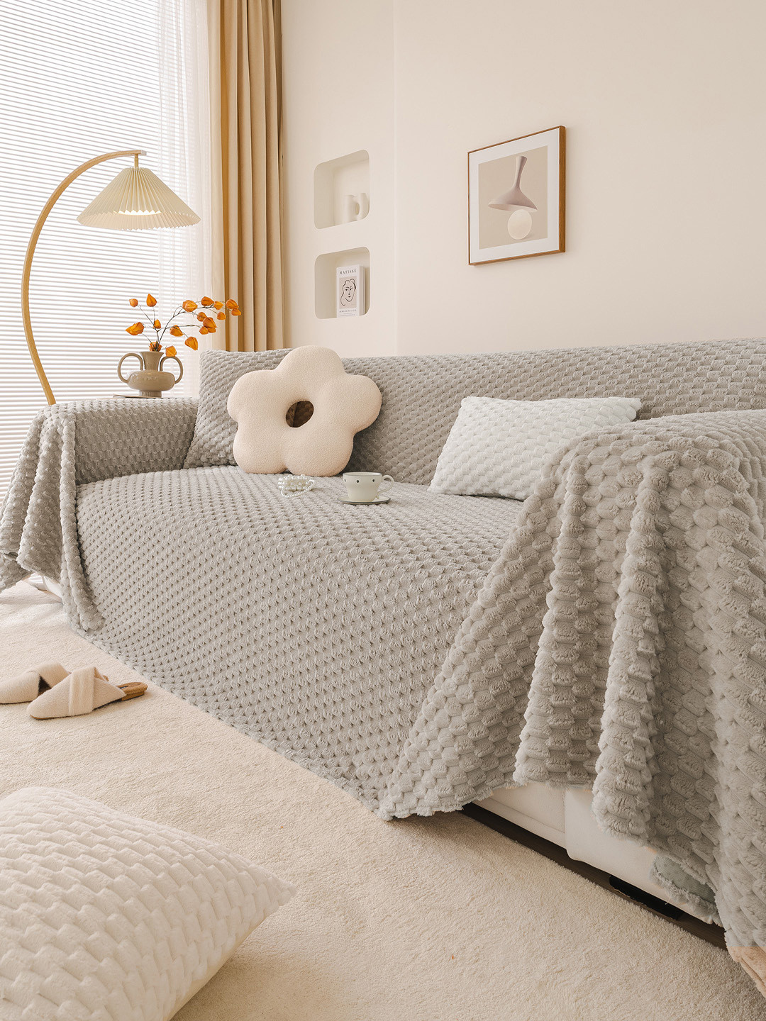 HOKIPO Brown 2 Seater Textured Plush Sofa Throw