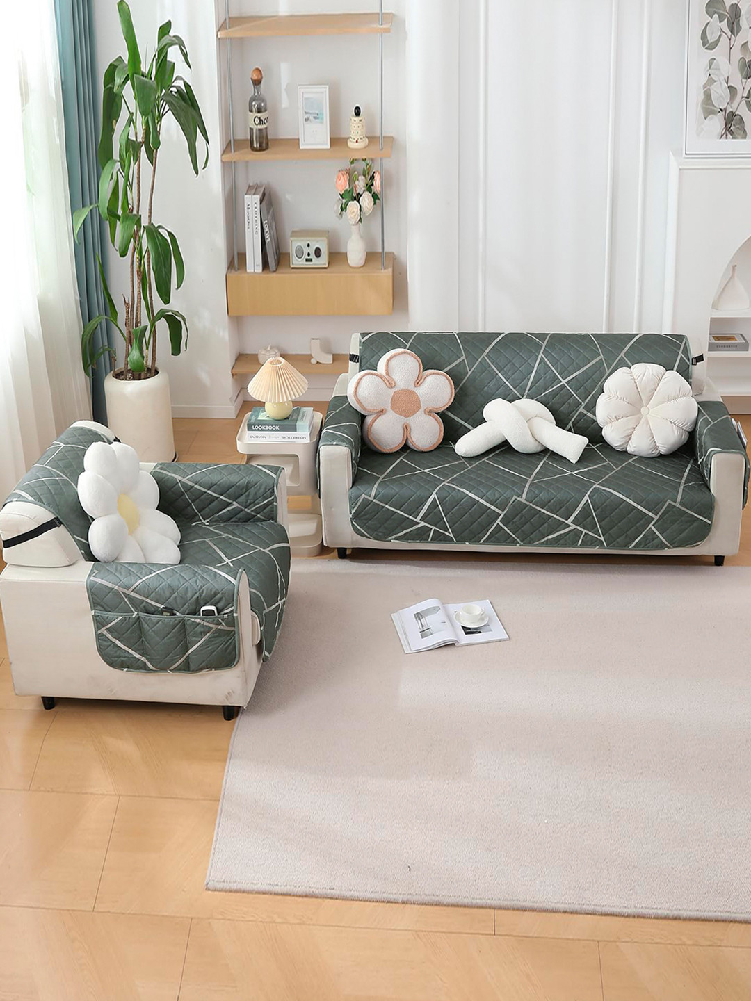 HOKIPO Grey Printed Single Seater Waterproof 1 Seater Sofa Mat with Pockets