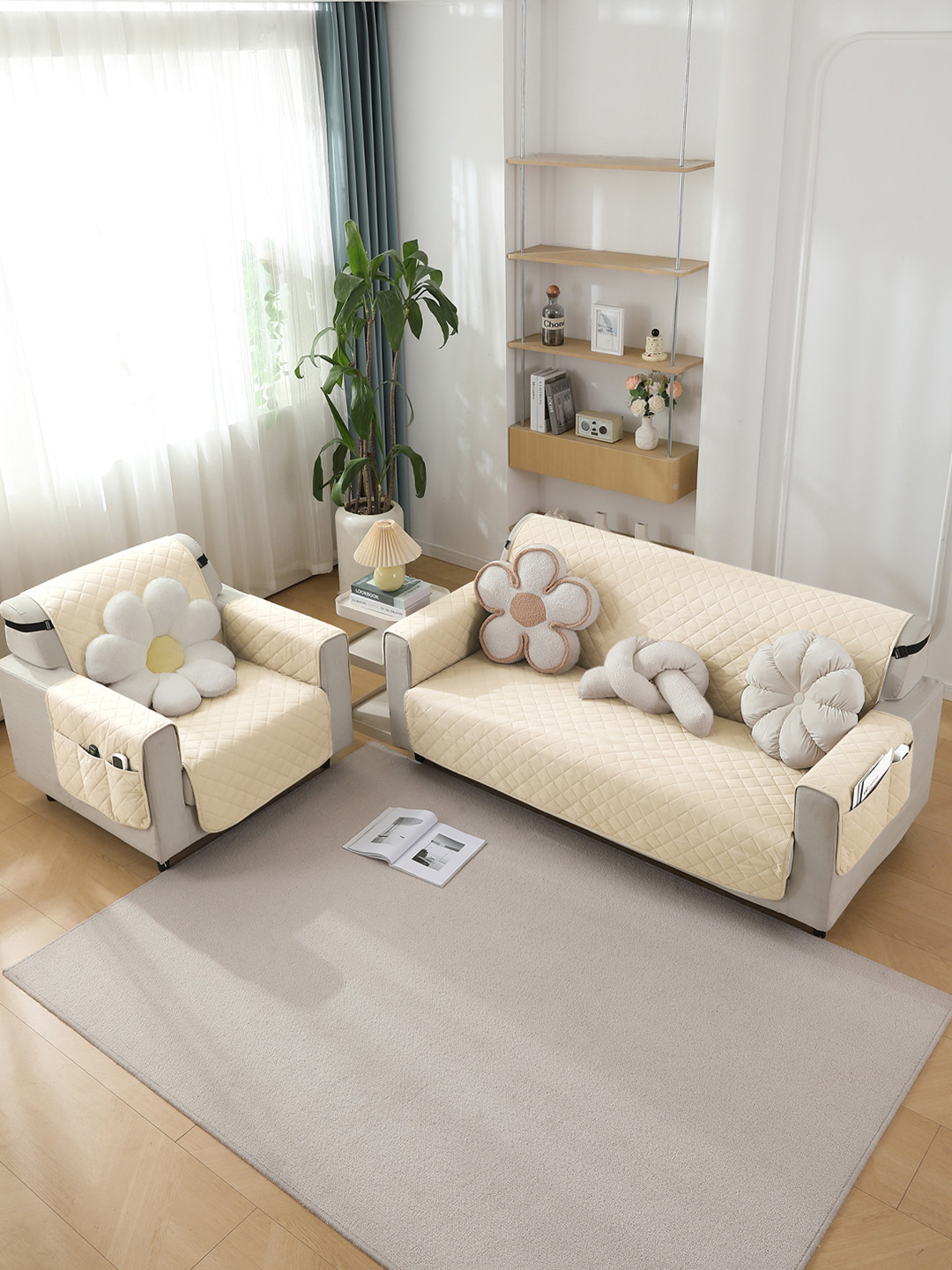 HOKIPO Cream-Coloured Waterproof 2 Seater Sofa Seat Mat with Pockets