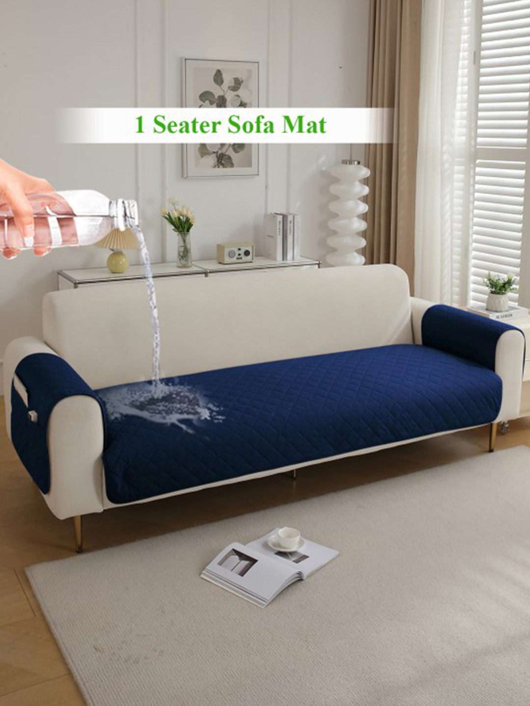 HOKIPO Navy Blue 1 Seater Waterproof Sofa Seat Mat & 2 Armrest Covers with Pockets