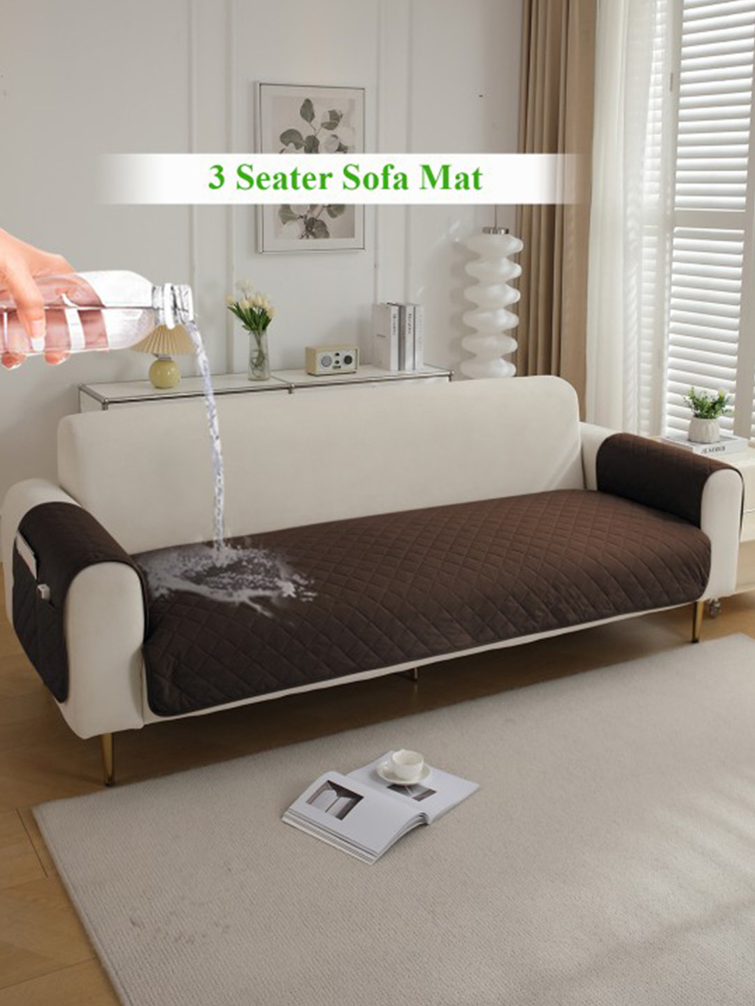 HOKIPO Brown 3 Seater Waterproof Sofa Seat Mat & 2 Armrest Covers with Pockets