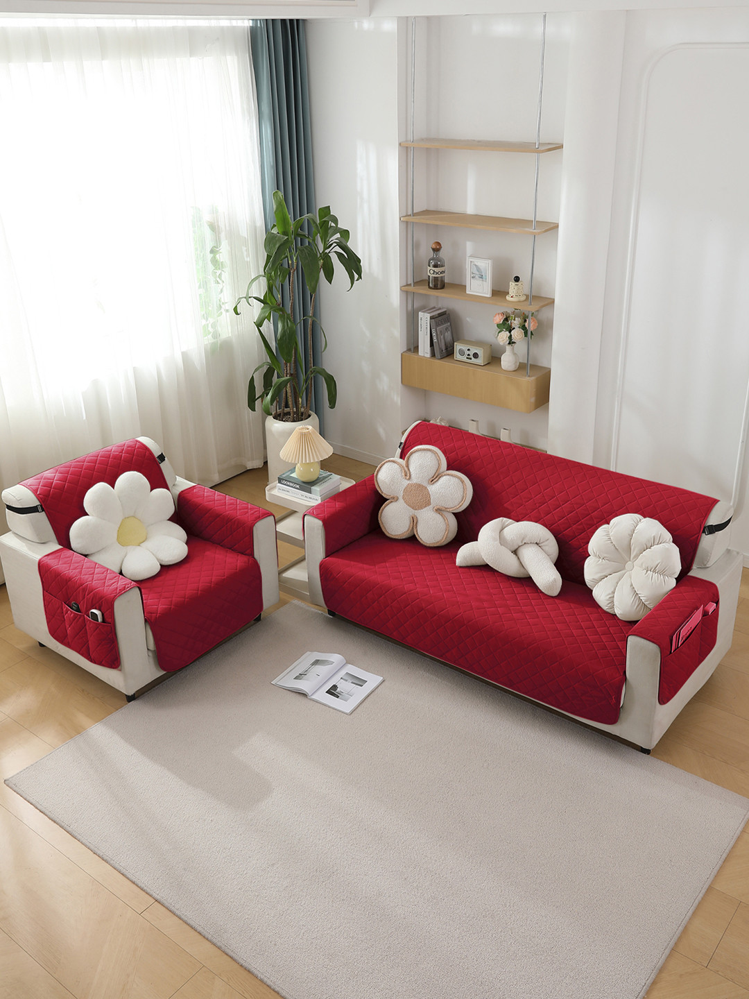 HOKIPO Red Solid Waterproof 2 Seater Sofa Seat Mat with Pockets