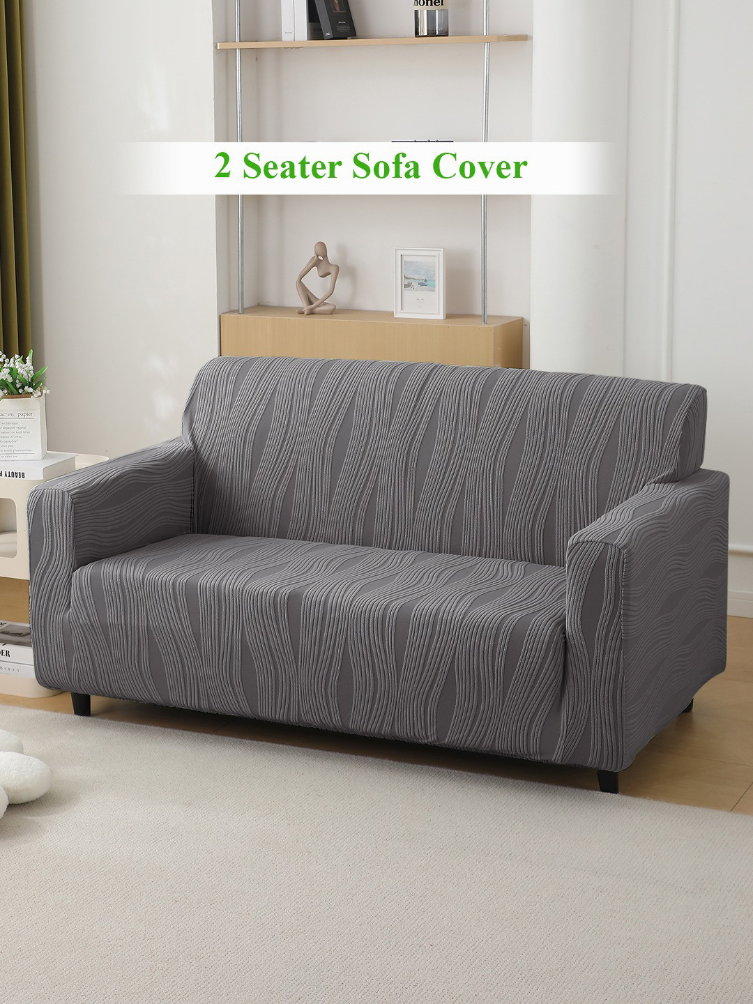 HOKIPO Grey Striped Knitting Jacquard 2 Seater Sofa Cover With Arms