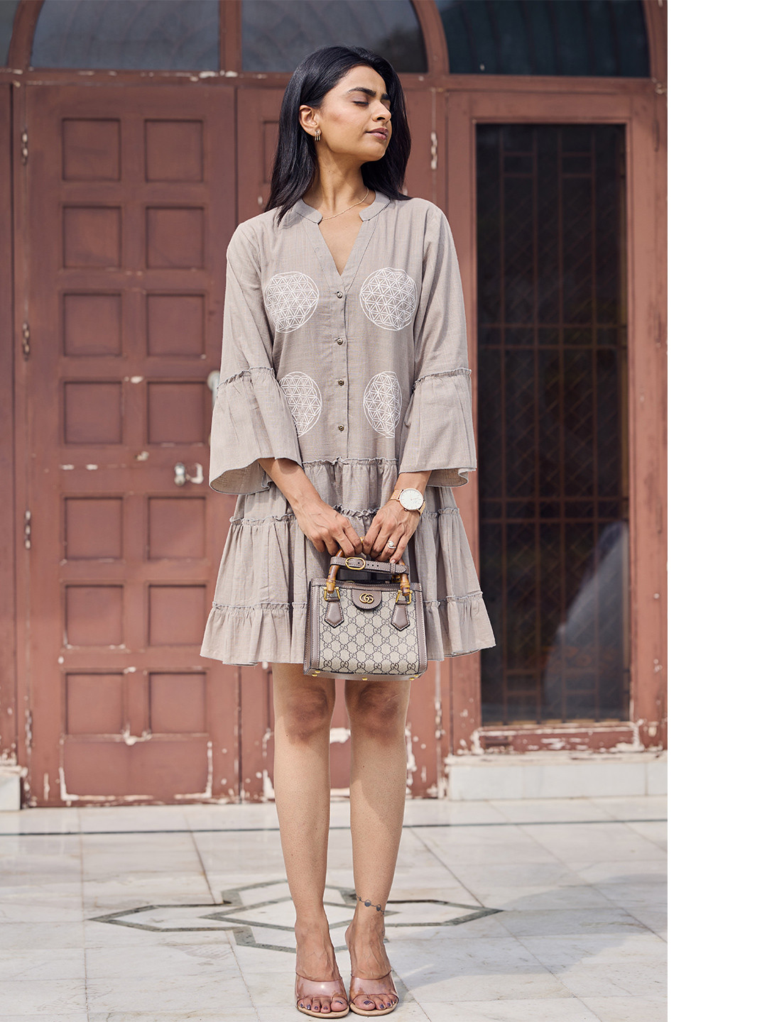 Sencei Women Printed Mandarin Collar Fit and Flare Dress