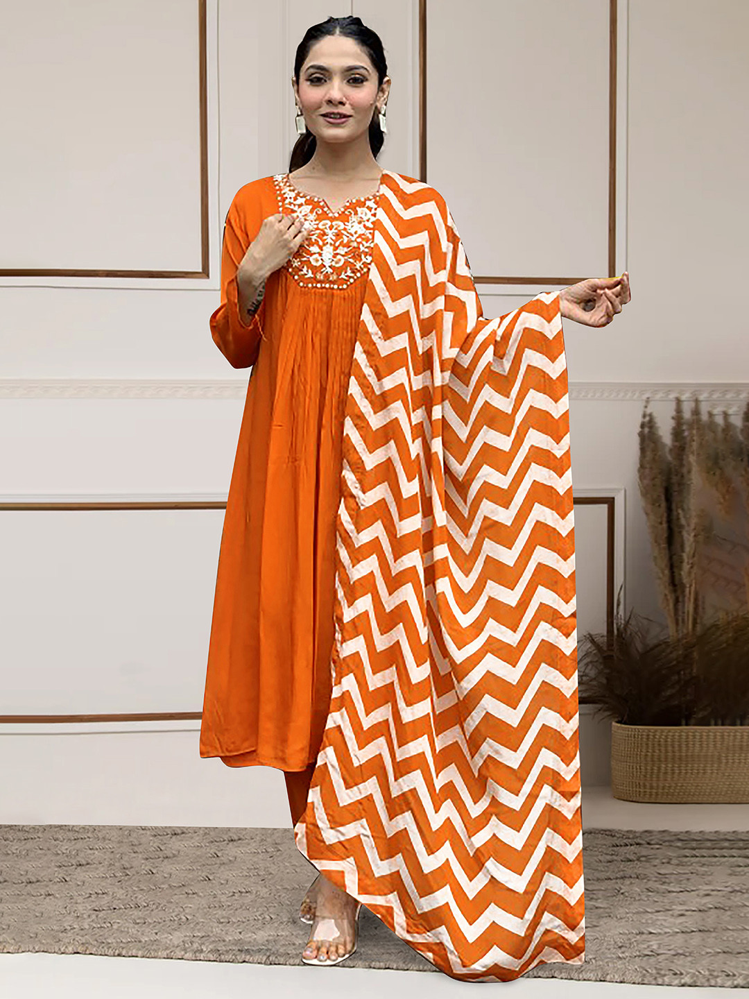 FASHION DREAM Floral Embroidered Notch Neck A-Line Kurta With Trousers And Dupatta