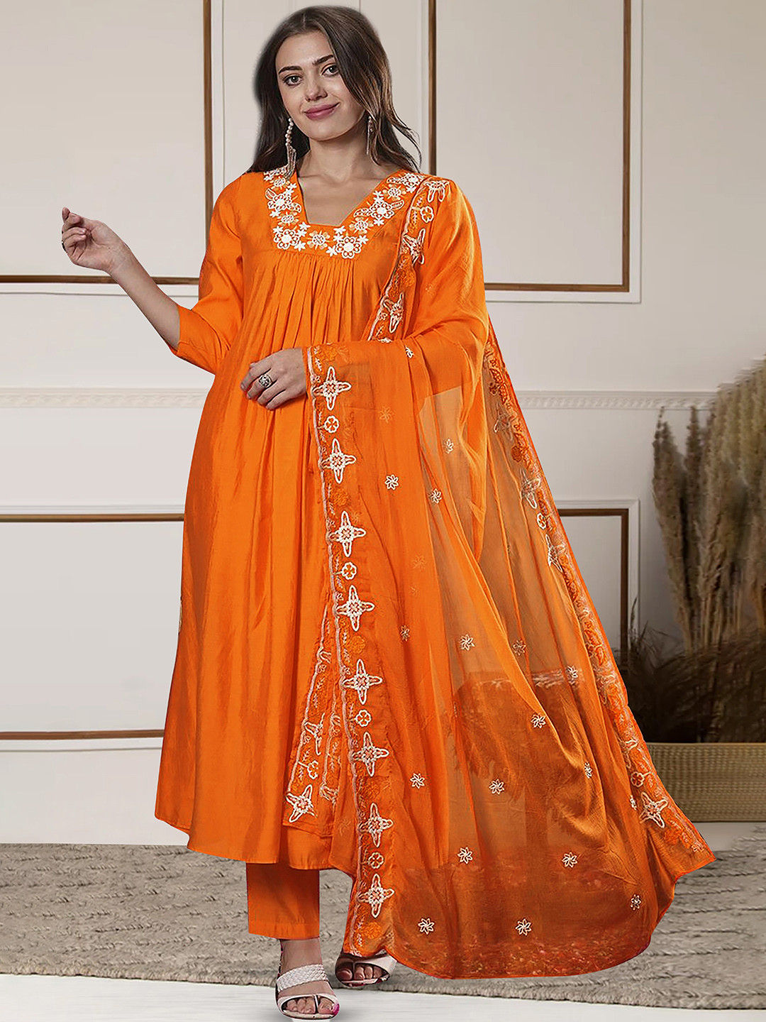 FASHION DREAM Floral Embroidered Square Neck A-Line Kurta With Trousers And Dupatta