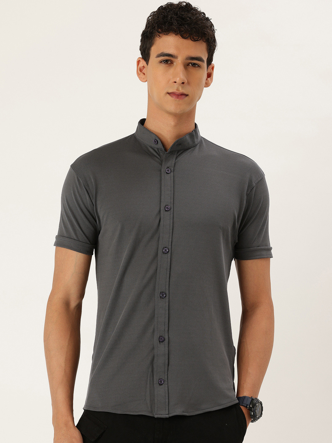 FIFTY TWO Band Collar Knitted Casual Shirt