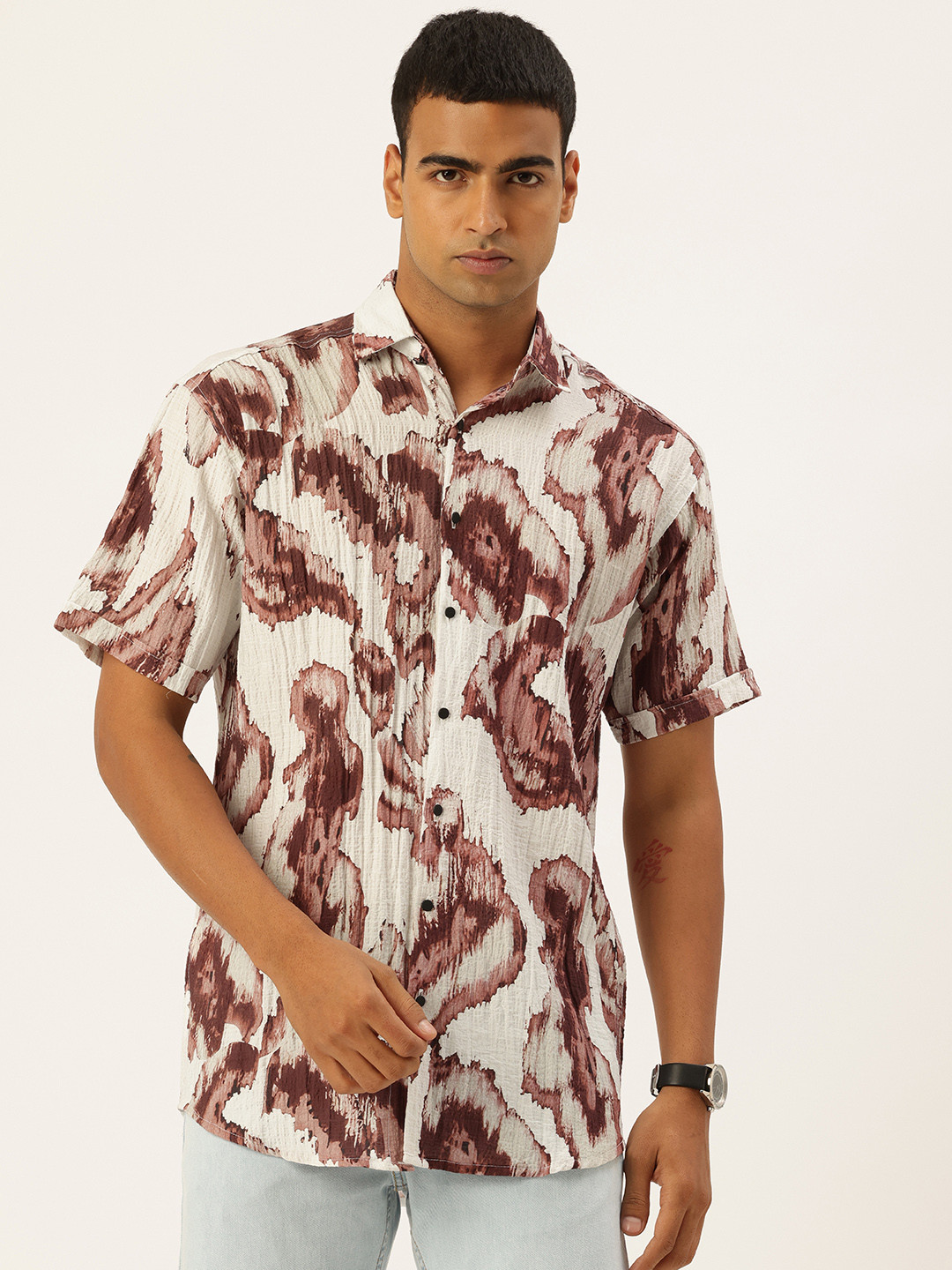 FIFTY TWO Printed & Textured Drop-Shoulder Sleeves Comfort Fit Casual Shirt