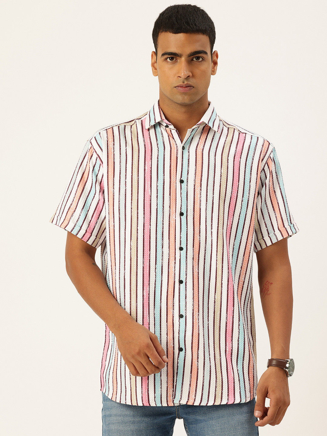 FIFTY TWO Multi Stripes Textured Drop-Shoulder Sleeves Fit Casual Regular Fit Shirt