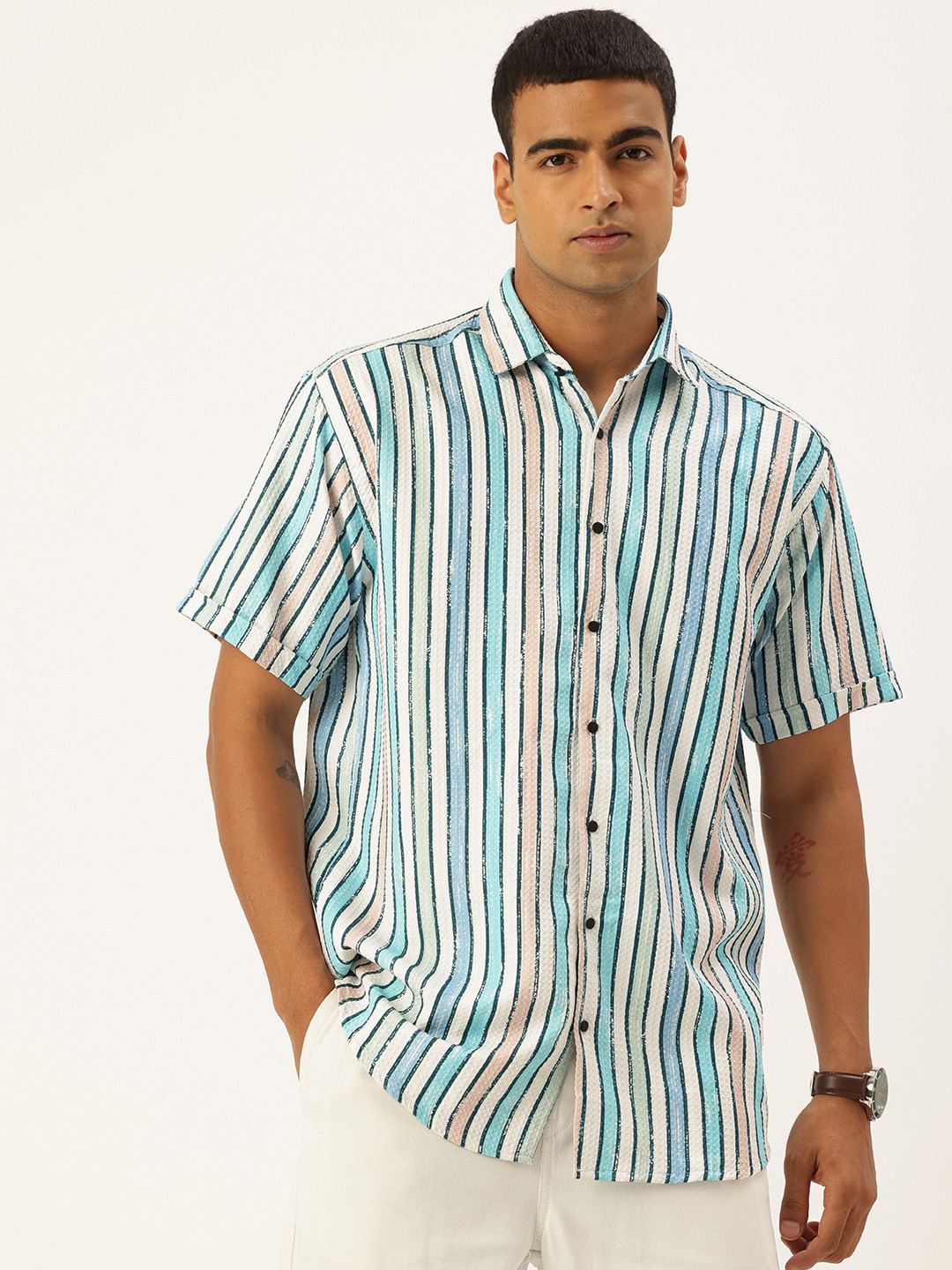 FIFTY TWO Multi Stripes Textured Drop-Shoulder Sleeves Comfort Fit Casual Regular Fit Shirt