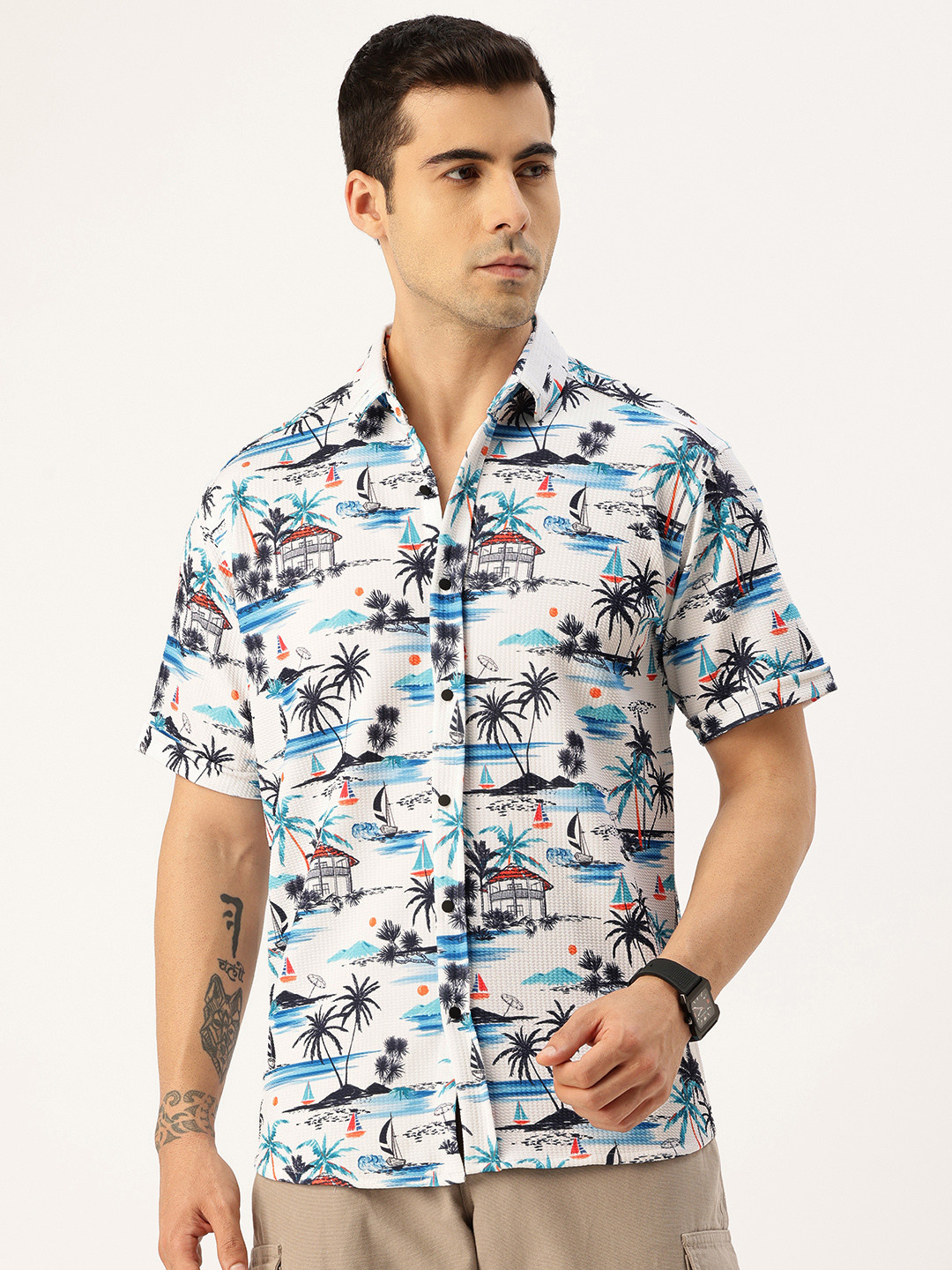 FIFTY TWO Tropical Printed Textured Knitted Shirt