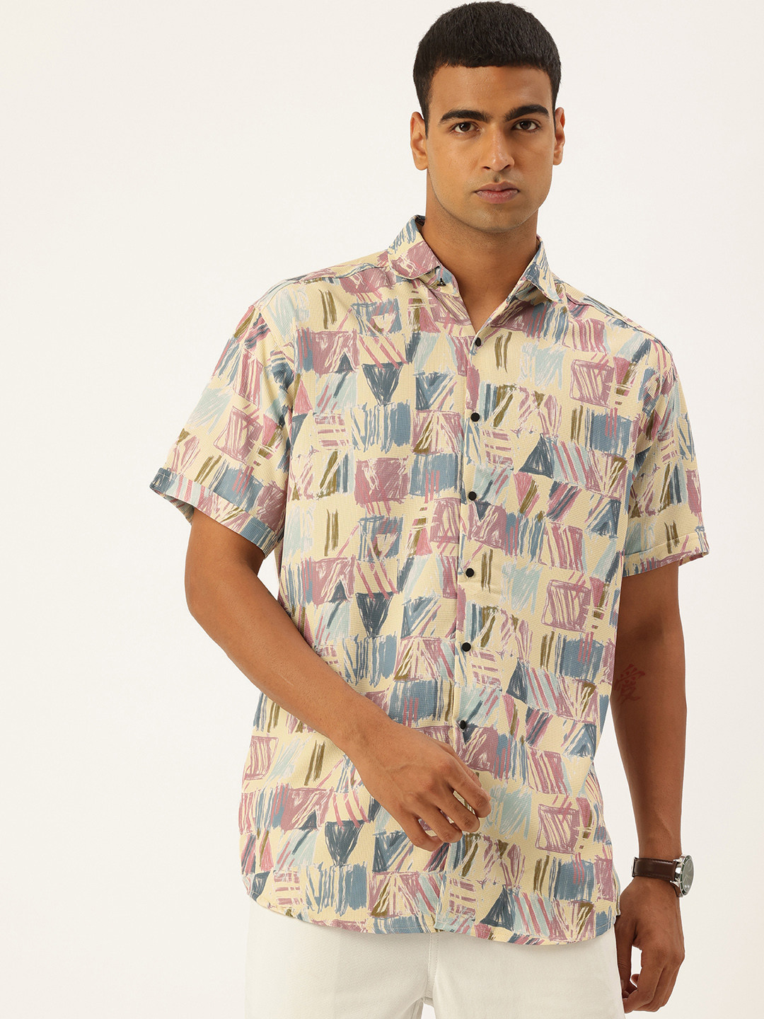 FIFTY TWO Printed & Textured Drop-Shoulder Sleeves Casual Regular Fit Shirt