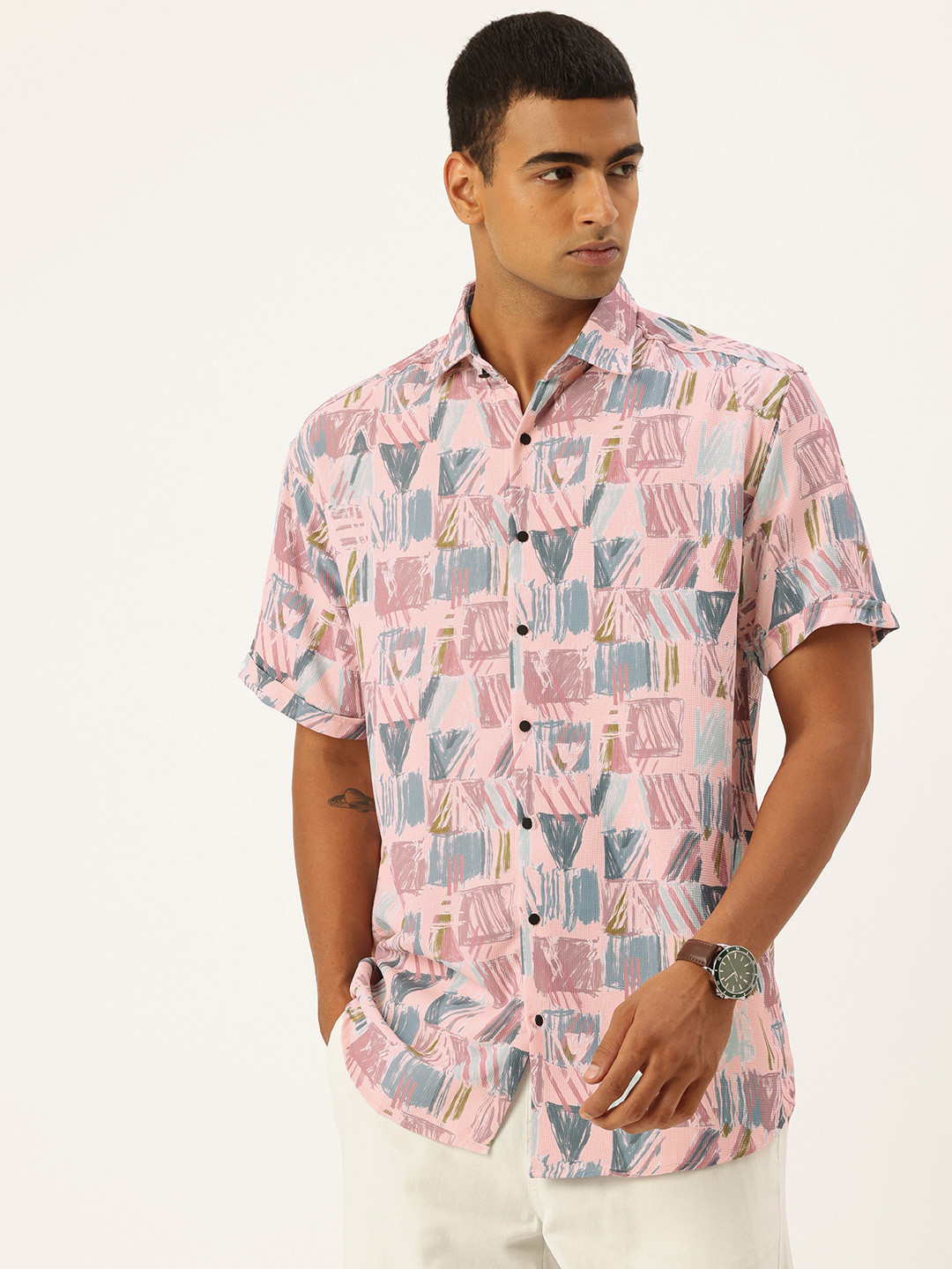FIFTY TWO Printed & Textured Drop-Shoulder Sleeves Fit Casual Regular Fit Shirt