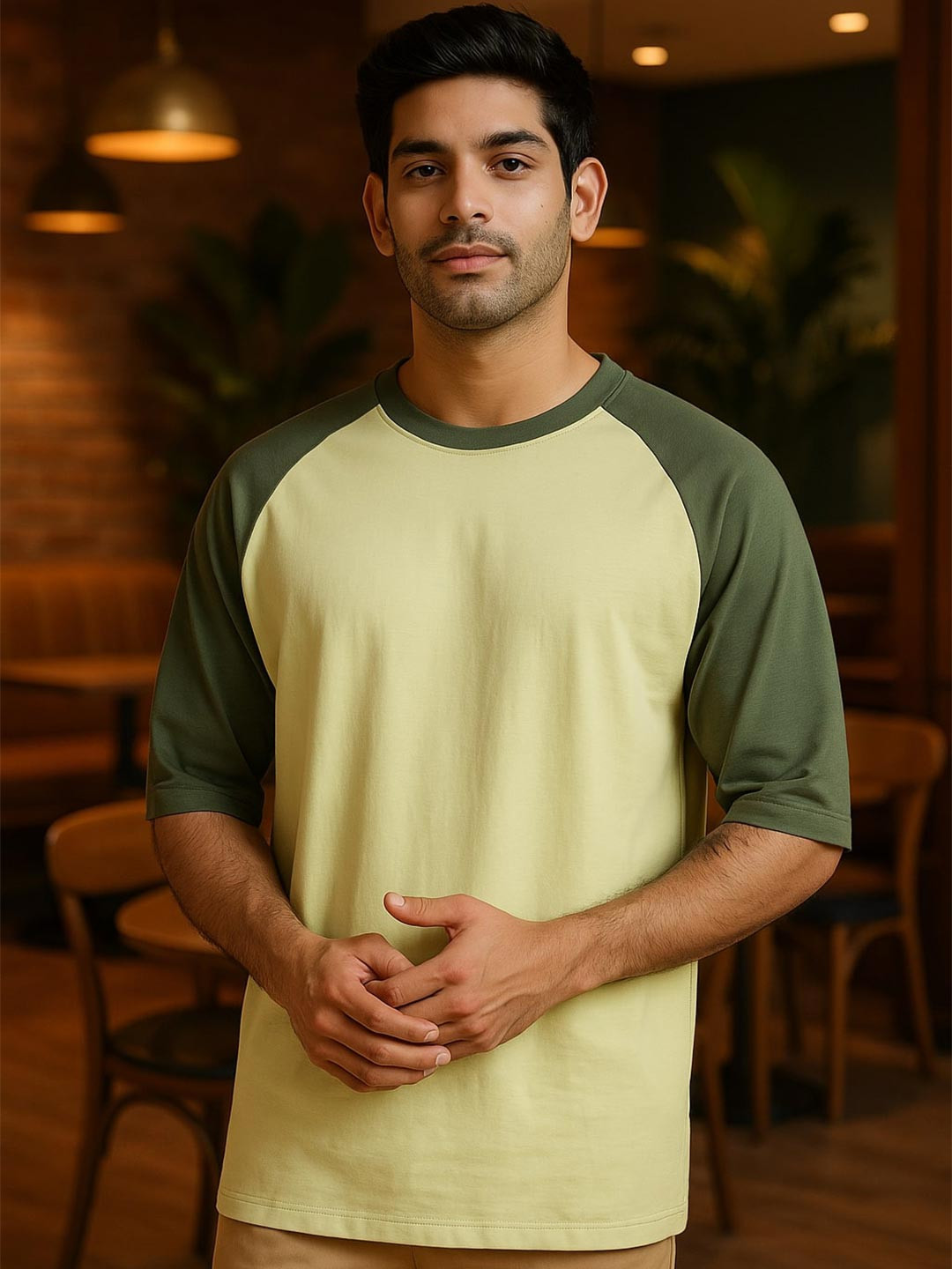 NOBERO Men Colourblocked Raglan Sleeves Cotton Oversized T-shirt