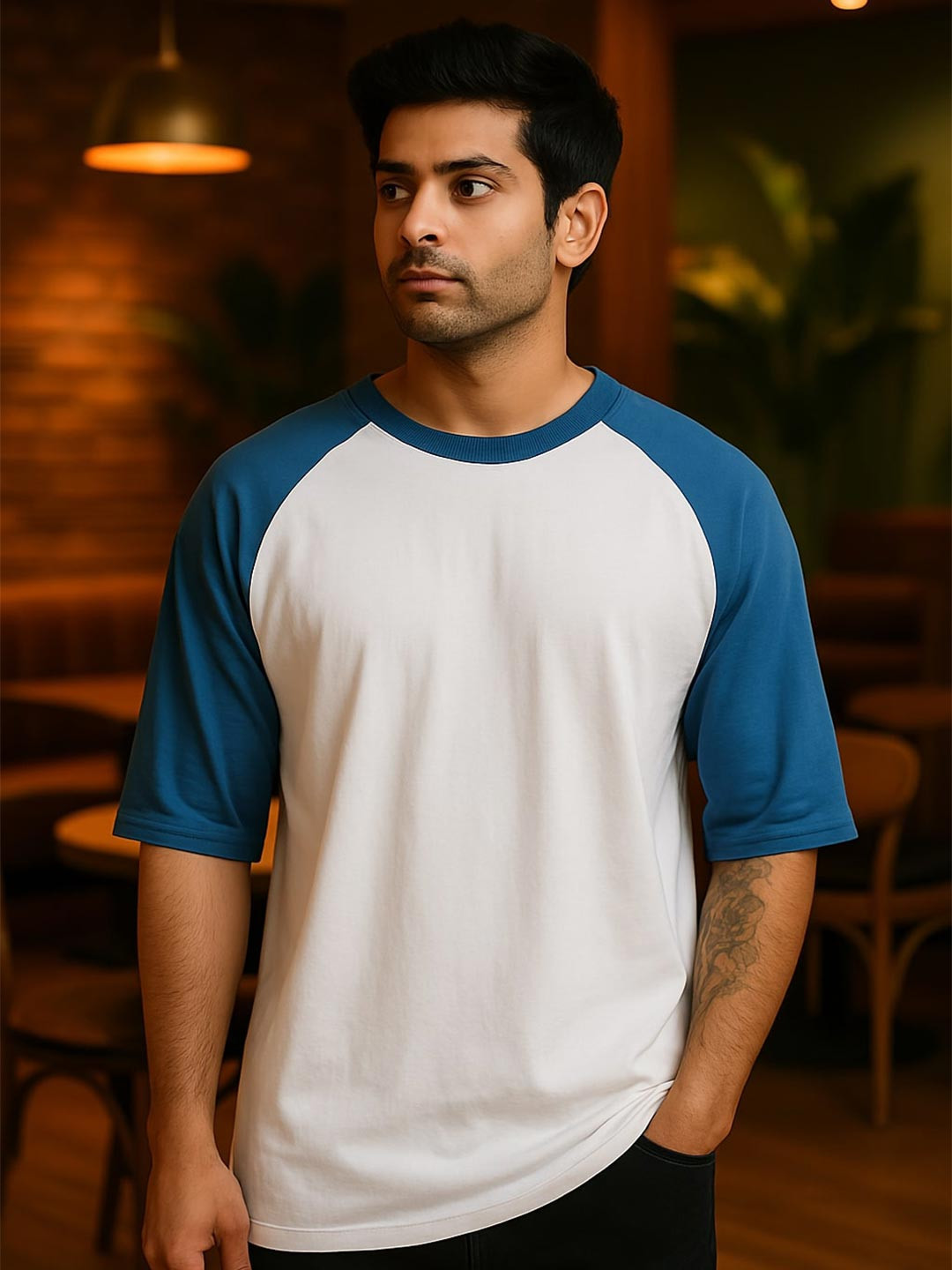 NOBERO Men Colourblocked Raglan Sleeves Cotton Oversized T-shirt