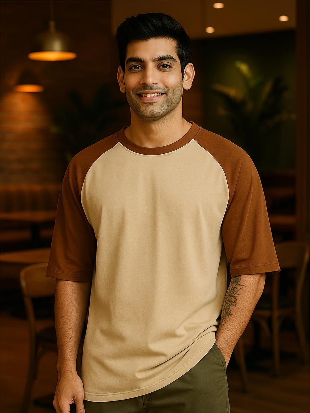 NOBERO Men Colourblocked Raglan Sleeves Cotton Oversized T-shirt