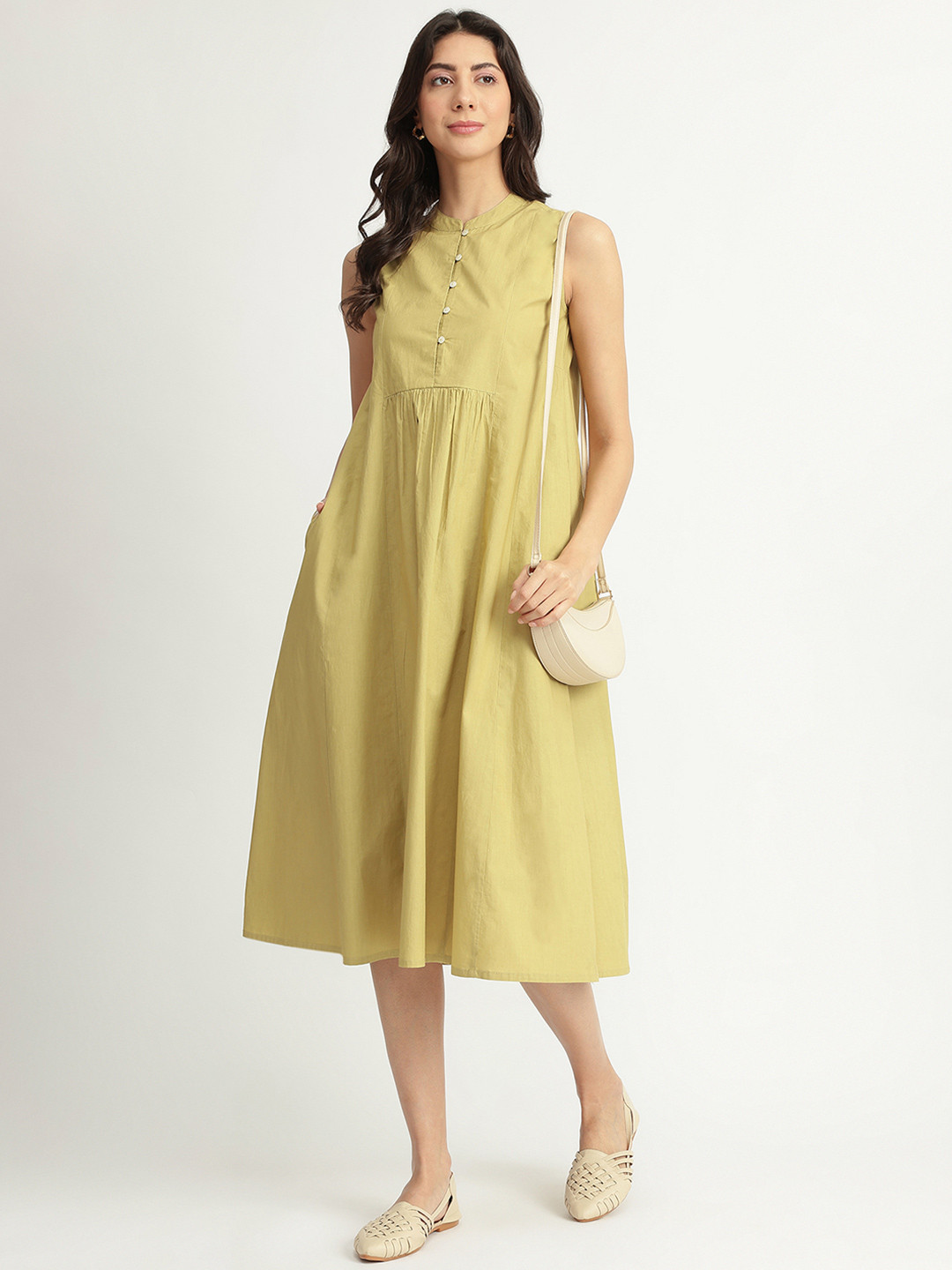 Pink Fort Air Loom Cotton Poplin Solid Midi Dress - Green