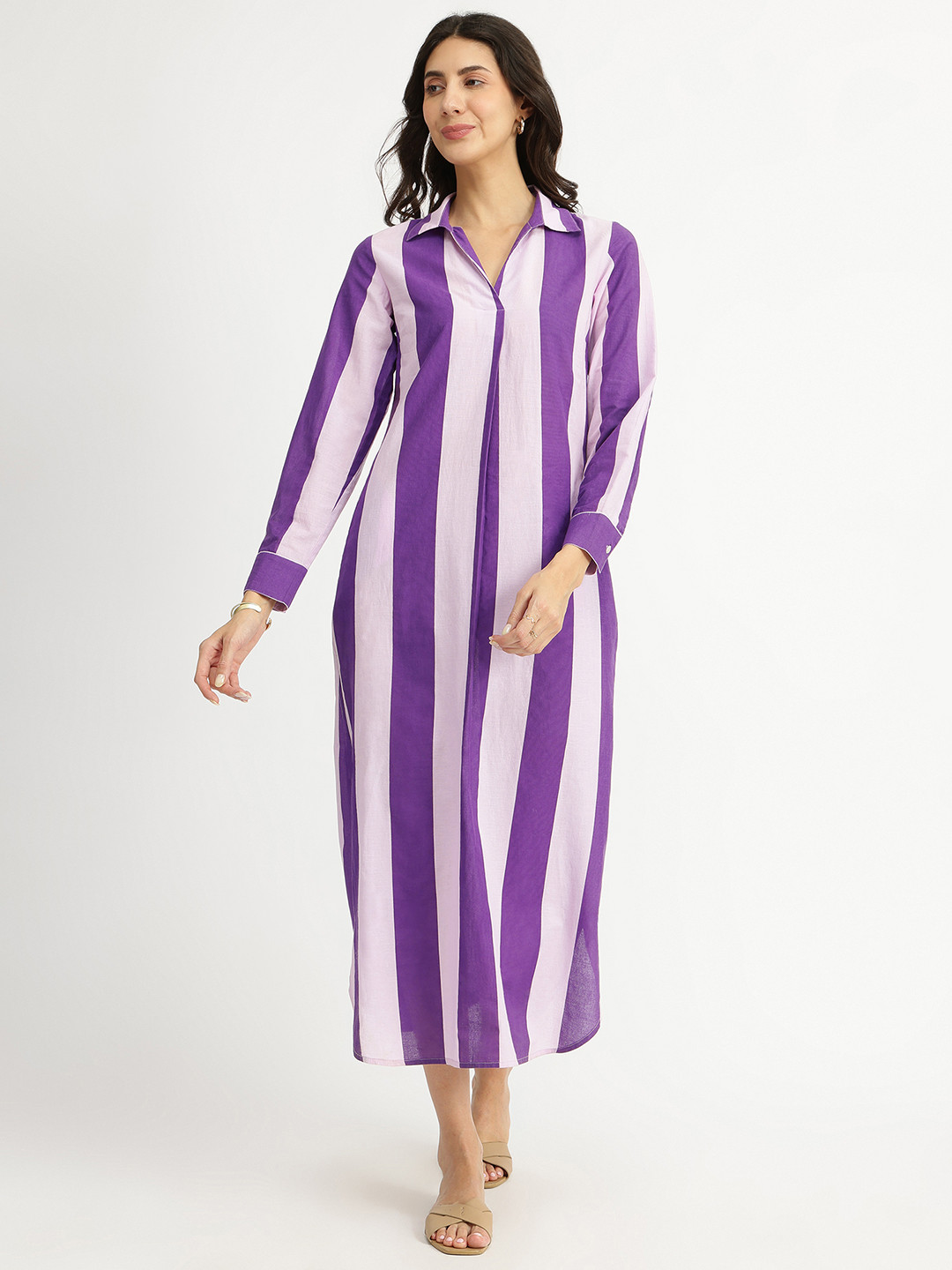 Pink Fort Cotton Striped Shirt Collar Dress - Purple