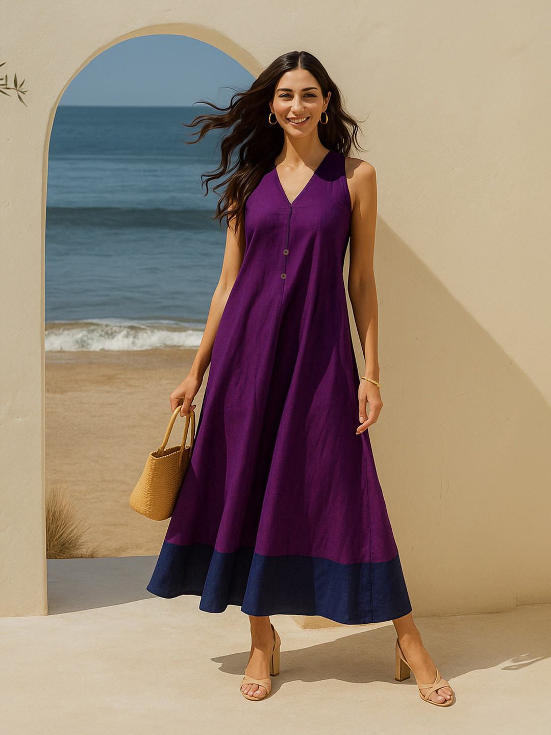 Pink Fort Cotton Handwoven Colourblock Dress - Purple & Blue