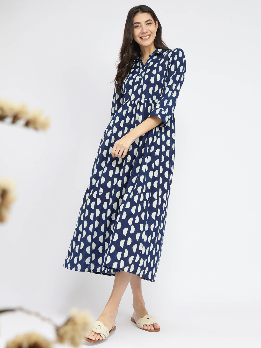 Pink Fort Women Cotton Dabu Half Polka Print Dress Indigo