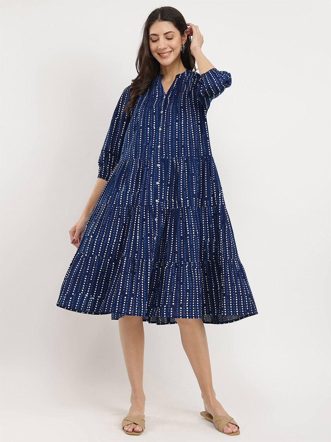 Pink Fort Cotton Dabu Polka Play Dress - Indigo