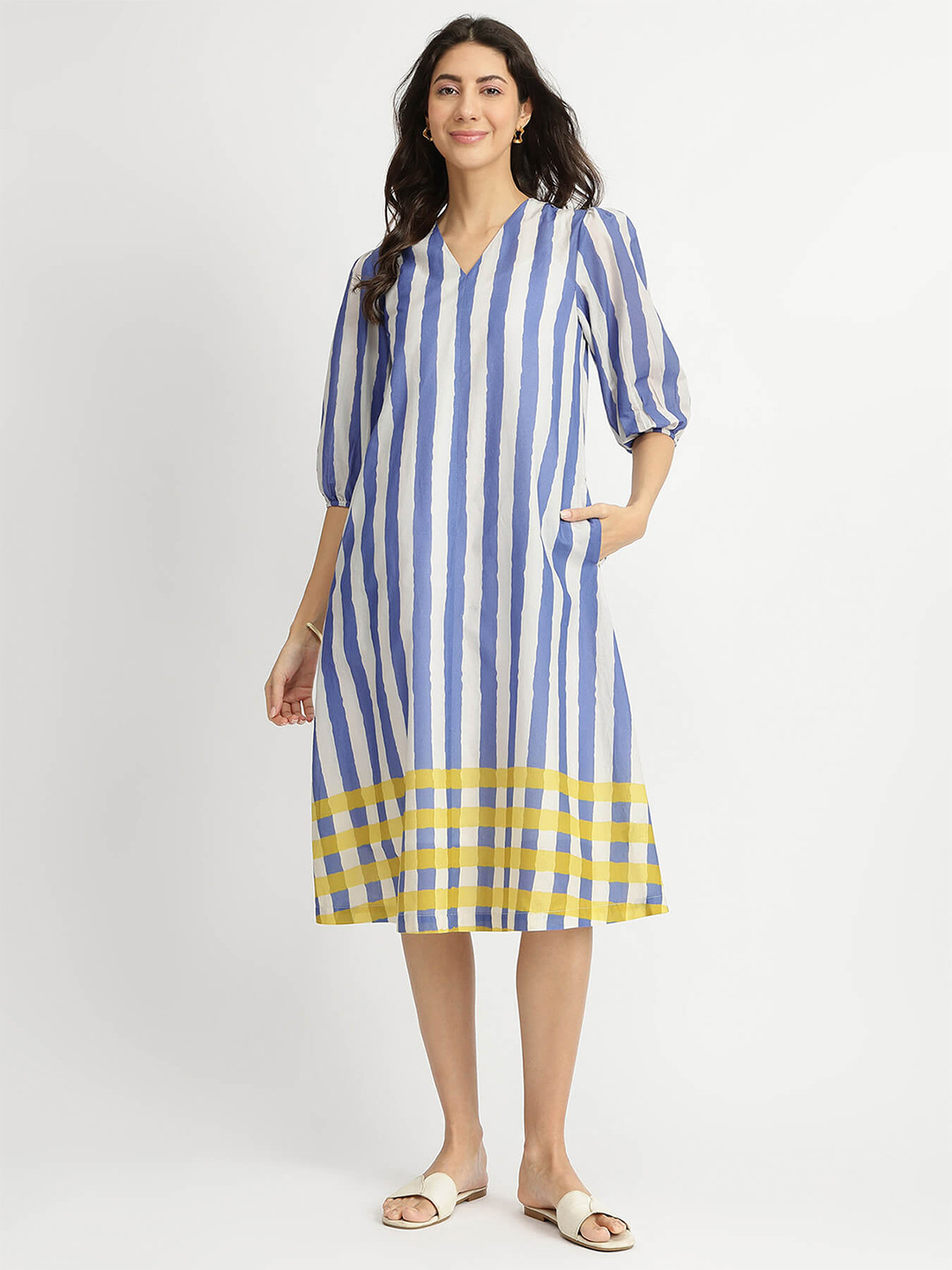 Pink Fort Women Cotton Stripe Play A-Line Dress - Blue & Yellow