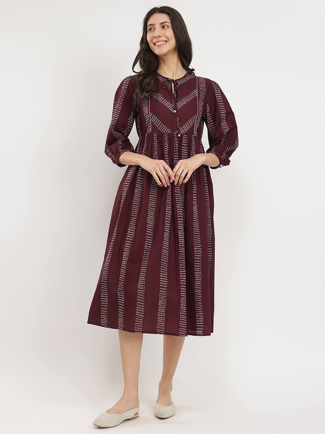 Pink Fort Women Cotton Geometric Print TIe-Up Dress Burgundy
