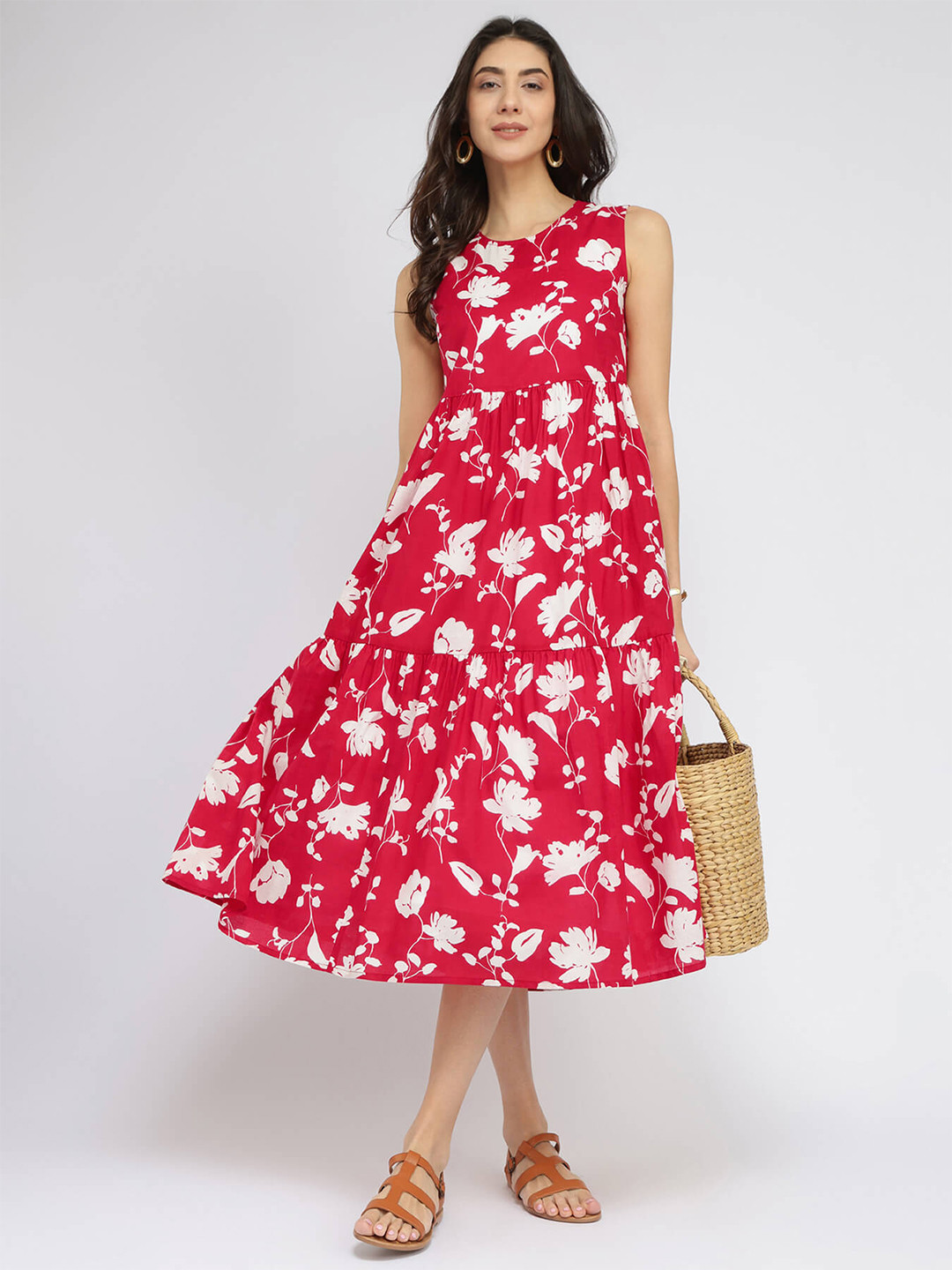 Pink Fort Cotton Floral Sleeveless Tiered Dress - Red & White