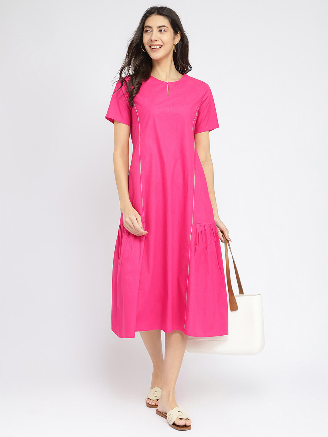 Pink Fort Air Loom Cotton Poplin Solid Midi Dress - Pink