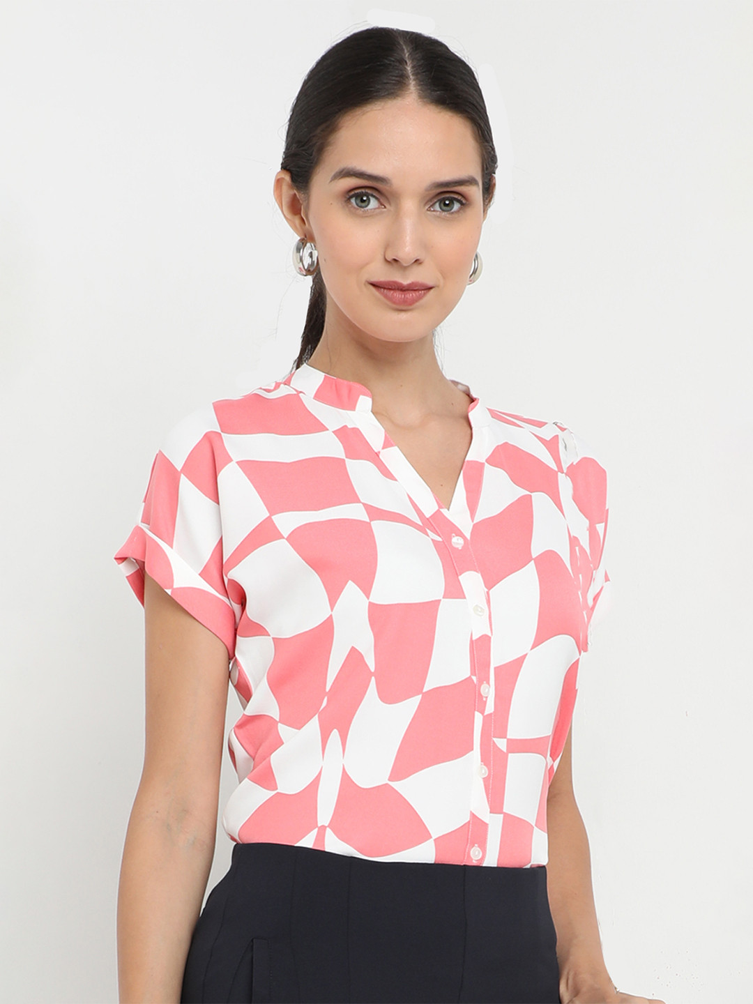 NOT SO PINK Geometric Mandarin Collar Batwing Sleeve Shirt Style Top