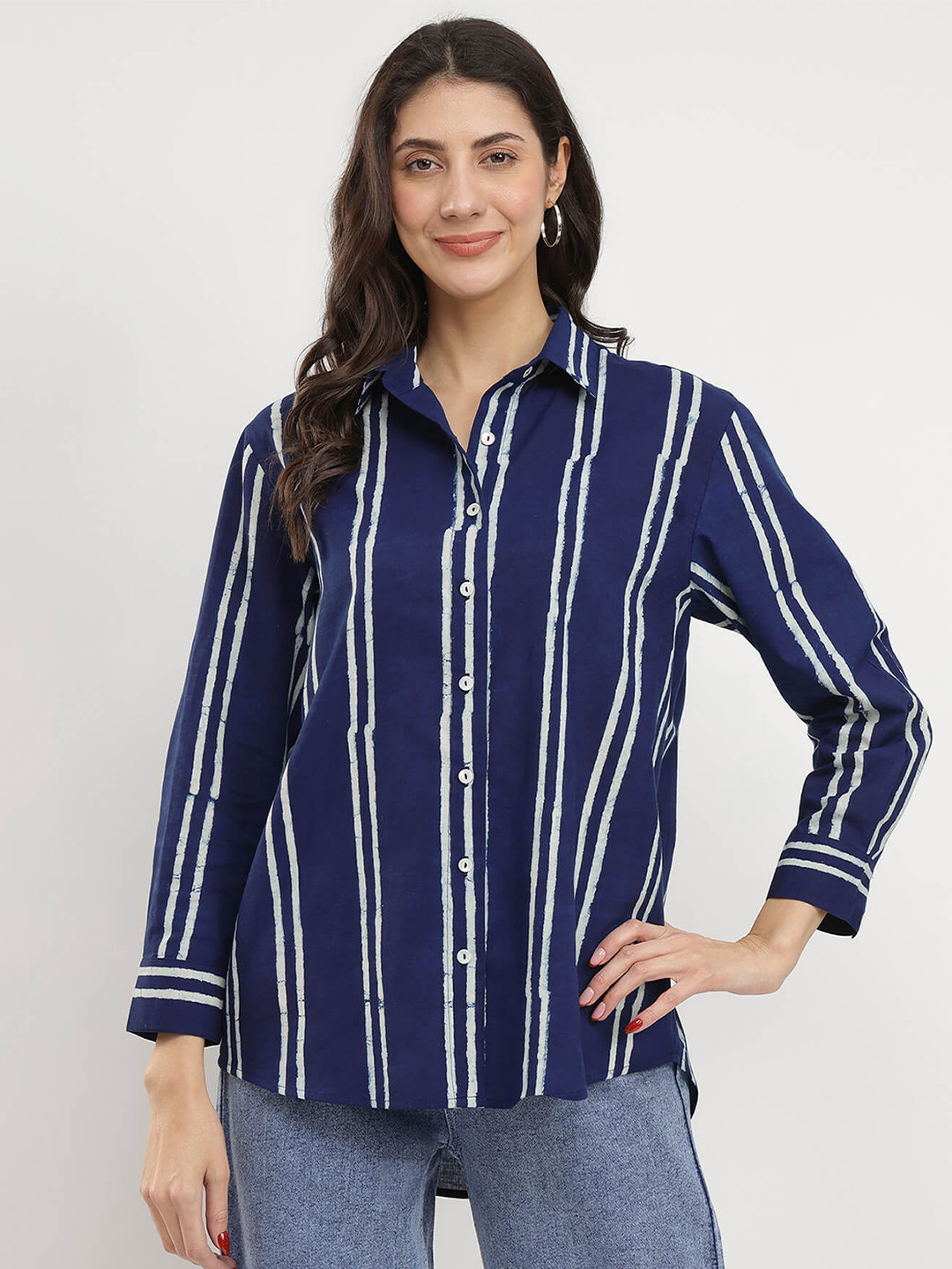Pink Fort Women Cotton Dabu Striped Shirt Indigo Tops
