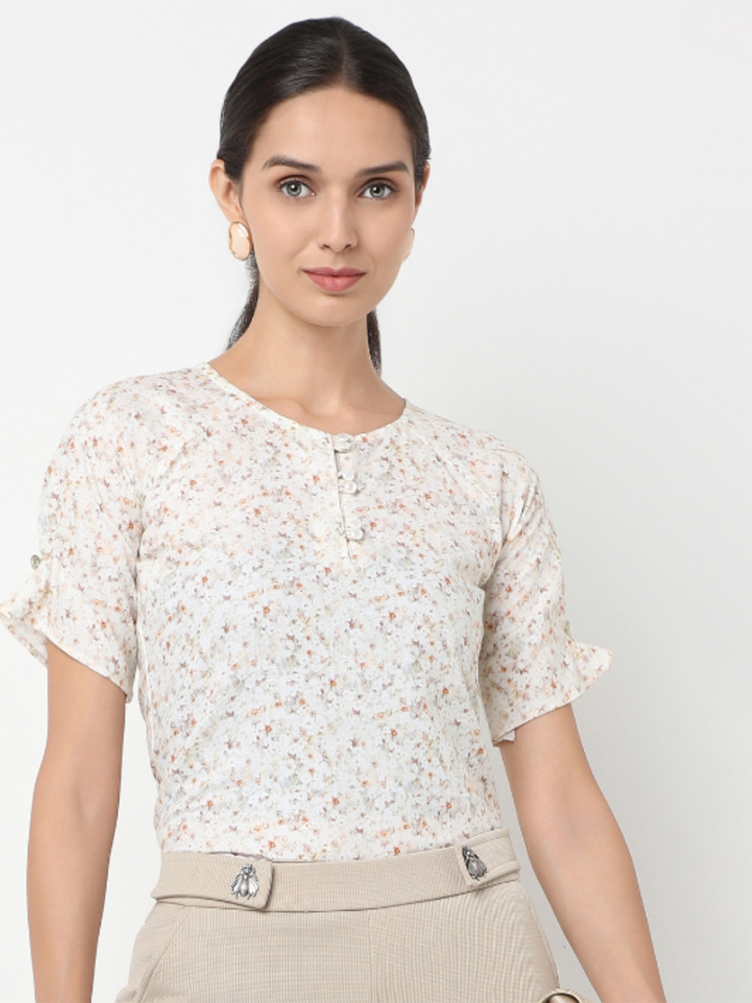 NOT SO PINK Floral Print Puff Sleeve Applique Cotton Shirt Style Top
