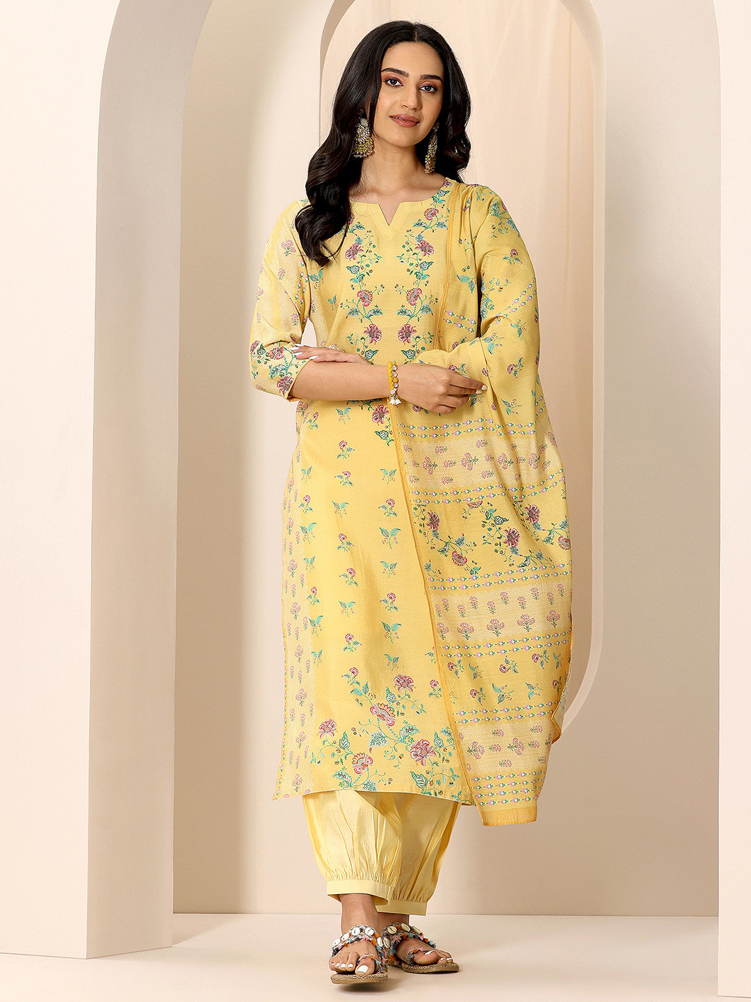 Gerua By Libas Floral Printed Notch Neck Kurta With Salwar And Dupatta