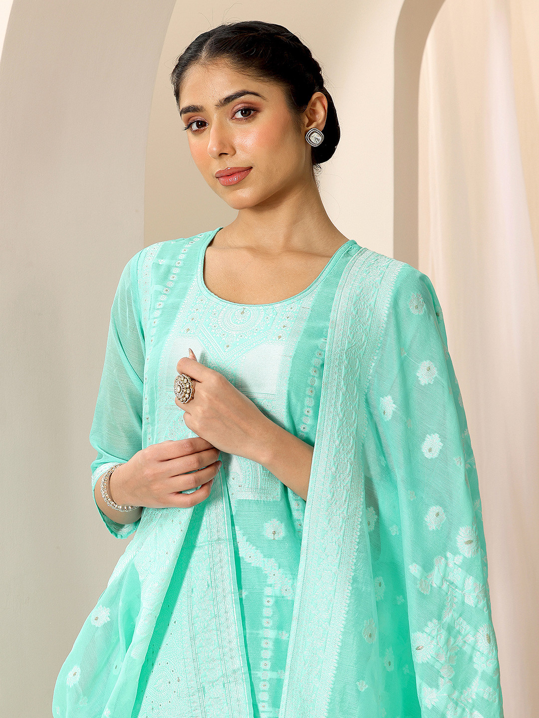 Libas Floral Woven Design Scoop Neck Chanderi Silk Kurta With Trouser And Dupatta