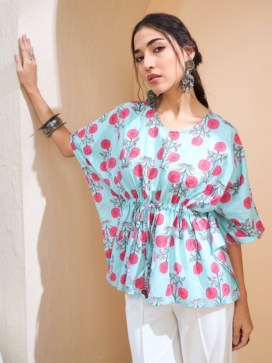 Shae by SASSAFRAS Floral Printed V-Neck Pure Cotton Pleated Kaftan Kurti