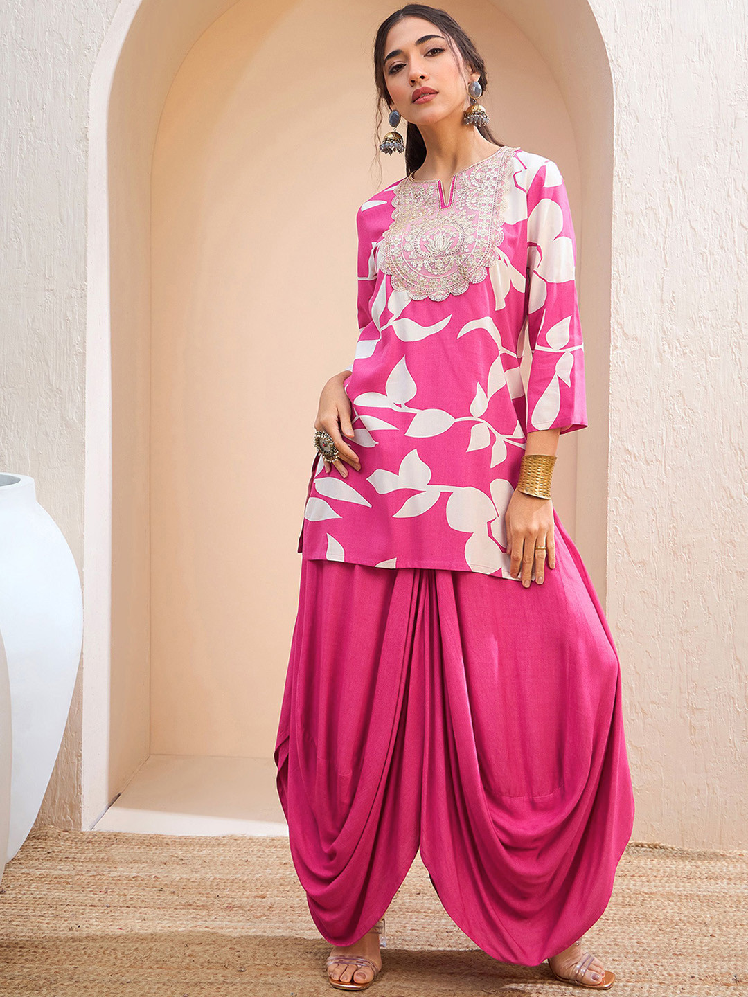 Shae by SASSAFRAS Floral Embroidered Sequinned Straight Fusion Kurti With Dhoti Pants