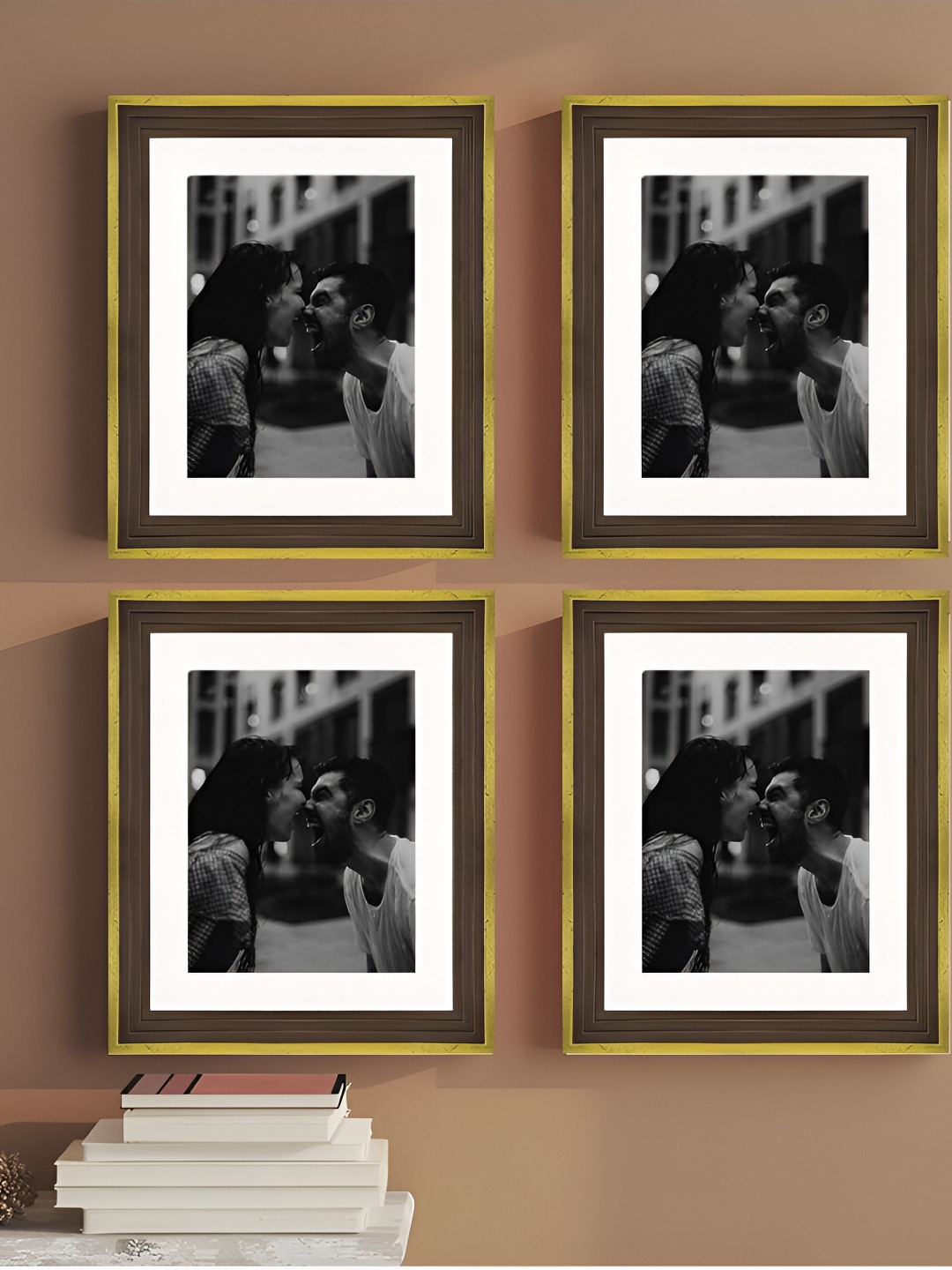 Art Street Gold Toned & Brown 4 Pieces Wooden Wall Photo Frames