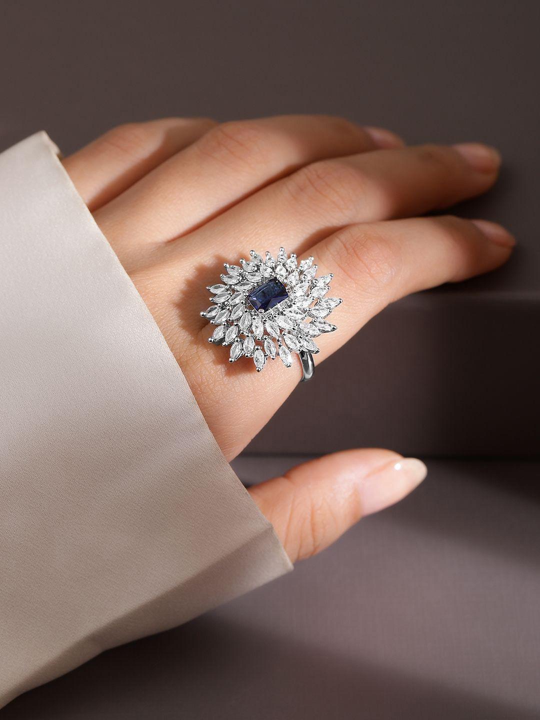 Rubans Rhodium-Plated Blue Sapphire & White CubicZirconia Studded Adjustable Cocktail Ring