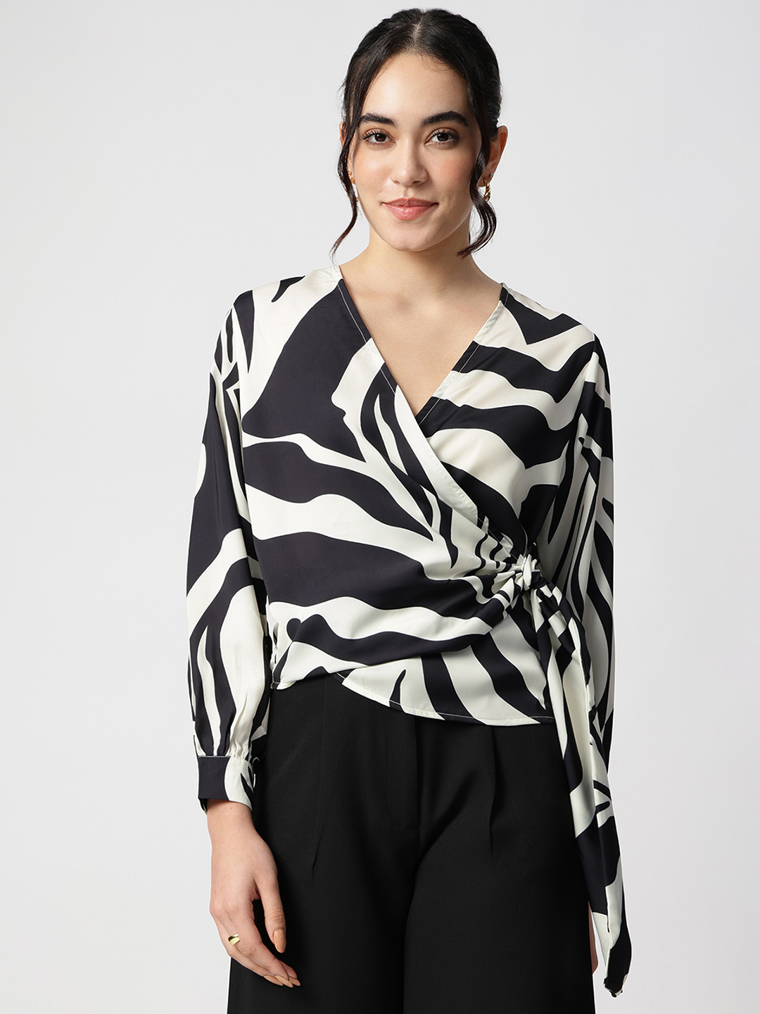 Strong And Brave Print Puff Sleeve Satin Wrap Crop Top