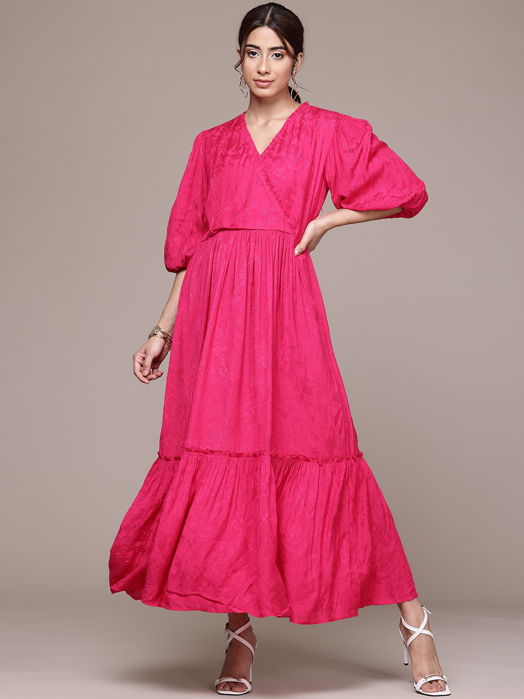 aarke Ritu Kumar Floral Jacquard Balloon Sleeves A-Line Maxi Dress