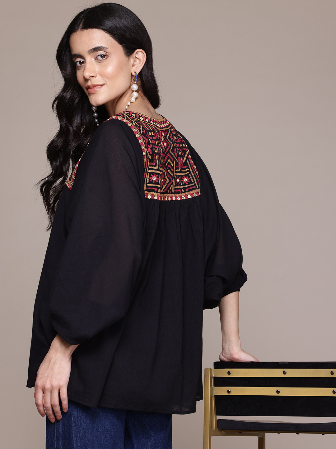 aarke Ritu Kumar Geometric Embroidered Balloon Sleeve Gathered Top