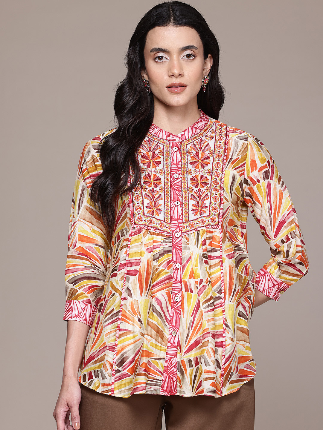 aarke Ritu Kumar Abstract Printed Mandarin Collar Top