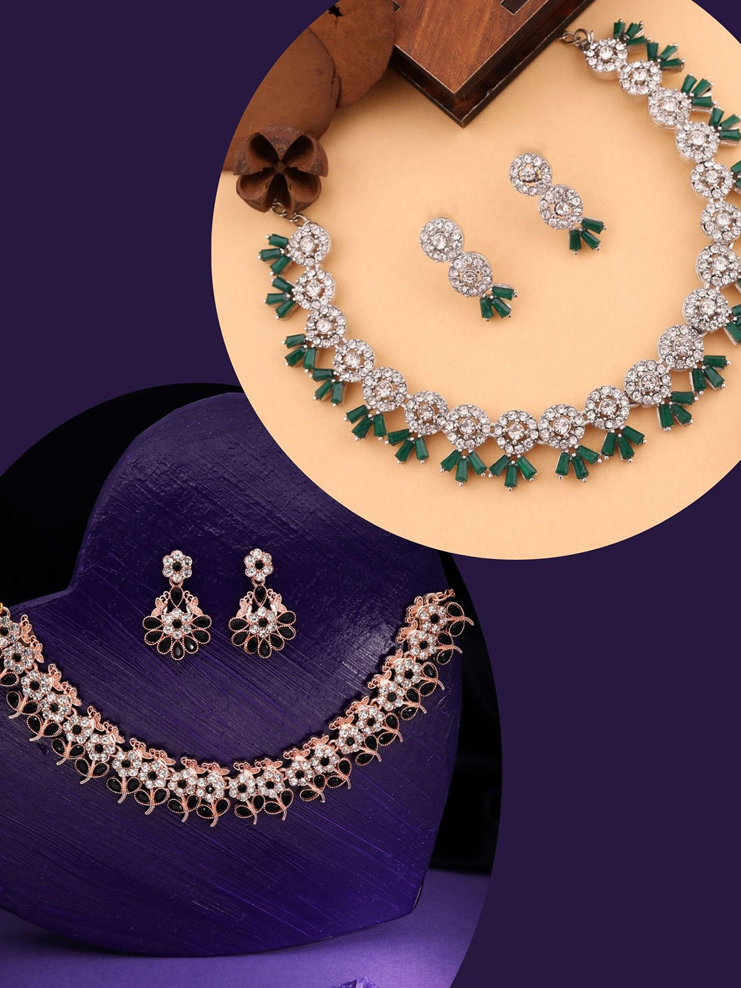 DIVASTRI Set Of 2 Rose And Sliver Plated American Diamond Studded Jewellery Set