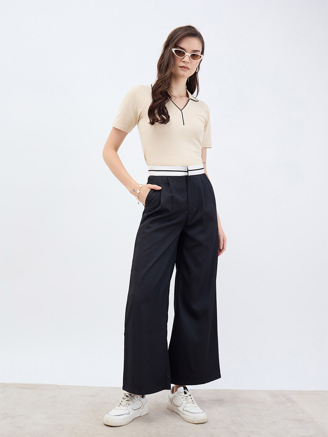 Styli Women High Waist Wide Leg Pant with Contrast Waistband
