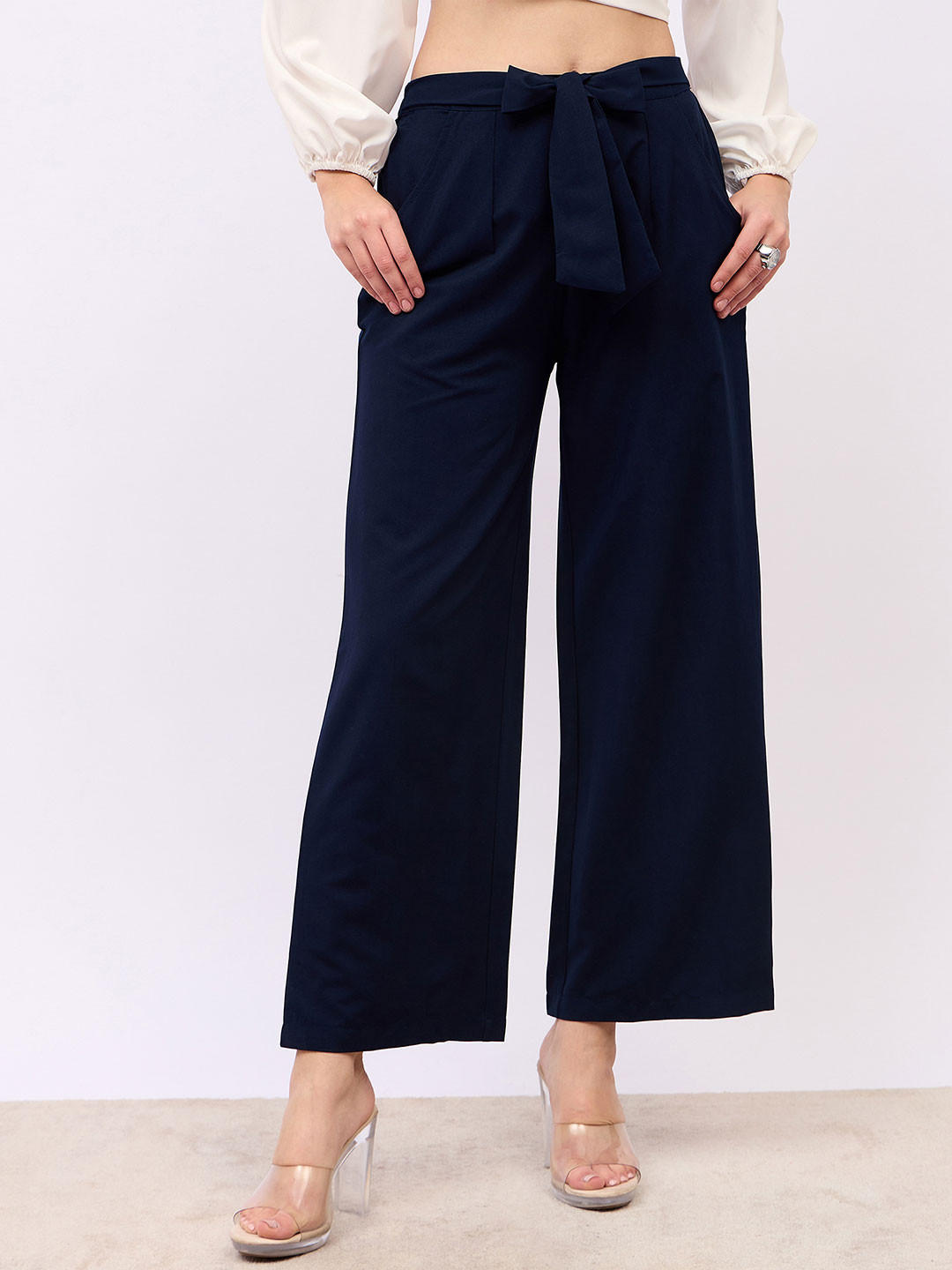 Styli Women High Rise Flared Trouser With Tie Up Detail At Waist