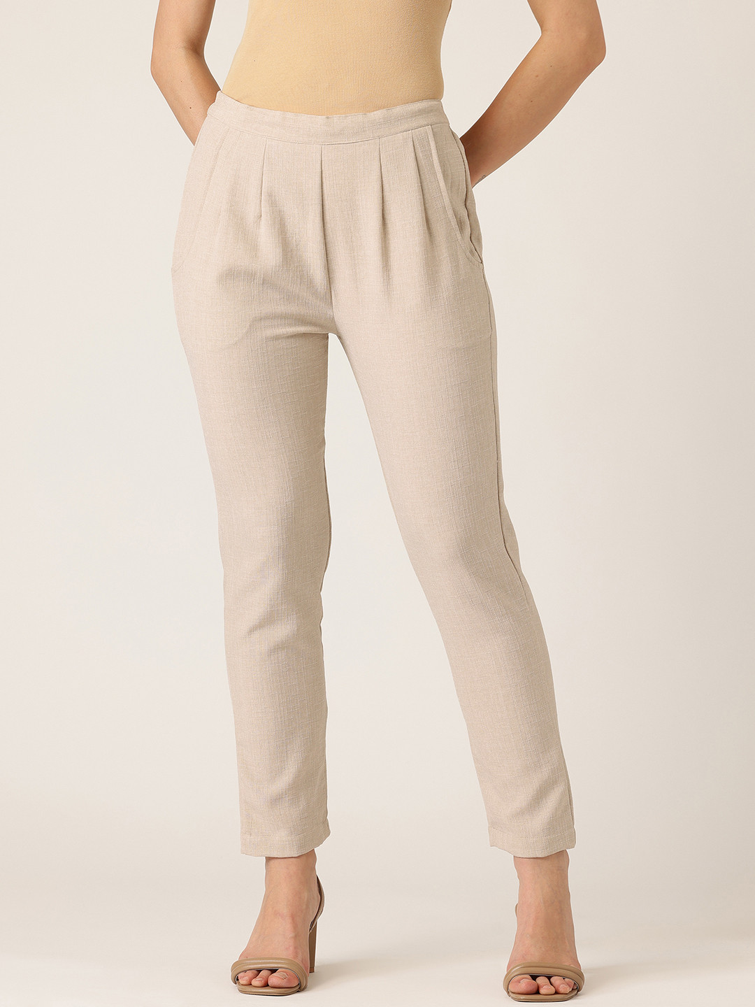 FERANOID Women Original Easy Wash Linen Straight Fit Pleated Trousers