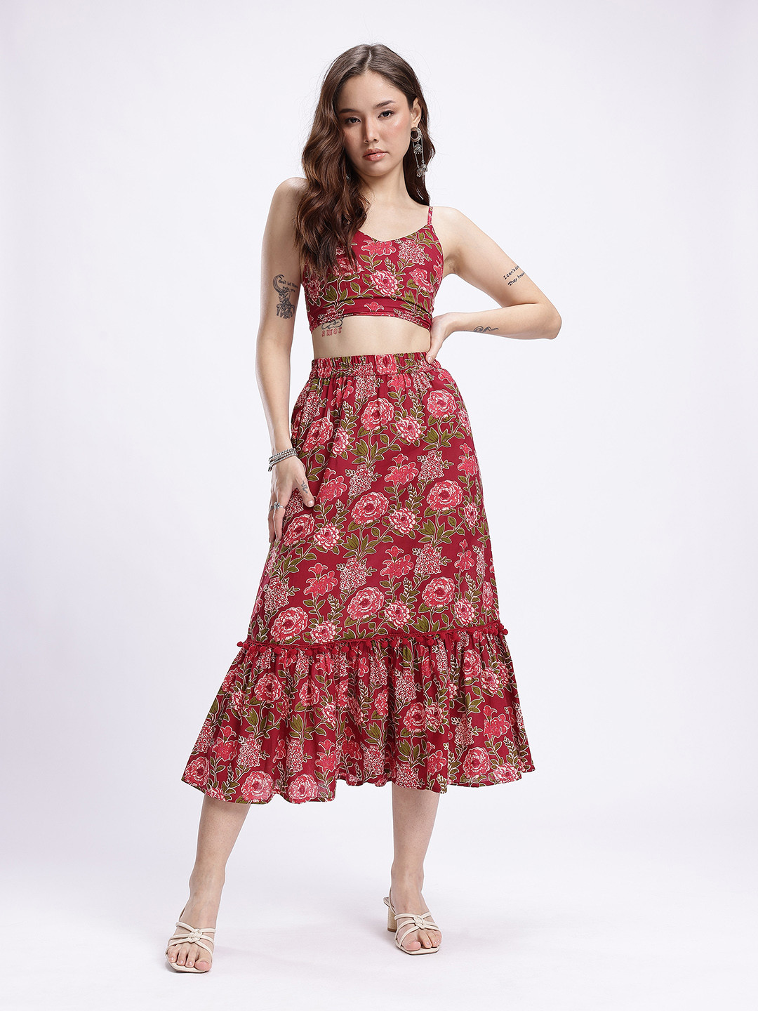 glitchez Floral Printed Smocked Detail Crop Top & Midi Skirt With Pom Poms Detail